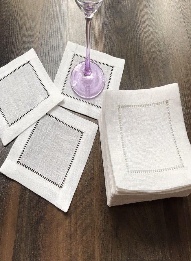 Minhcraft Ladder Hemstitch 100% White Linen Cocktail Napkins 4"x4" - A Dozen Cloth Napkin Coasters-Set of 12 Linen Beverage Party Cocktail Napkin - Image 4